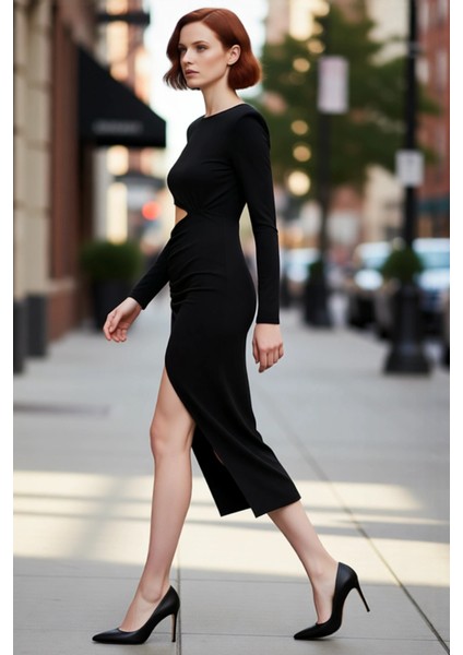 Kadın Bordo Bodycon Kesim Uzun Kollu Cut Out Detaylı Şık Maxi Elbise Gece Mezuniyet Davetleri