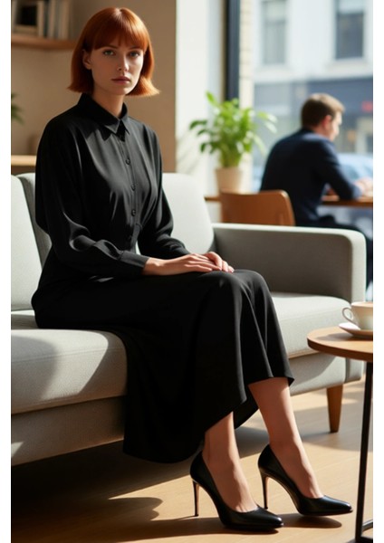 Kadın Düz Dokuma Gömlek Yaka Uzun Reglan Kol Maxi Elbise Rahatlığı ve Şıklığı Birleştirir fiyatları