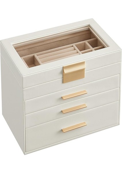 Mücevher Kutusu 4 Katmanlı Mücevher Kutusu Cam Kapaklı 3 Çekmeceli Güneş Gözlüğü Büyük Takı Takı Depolama Modern Bulut Beyaz Altın JBC161W01