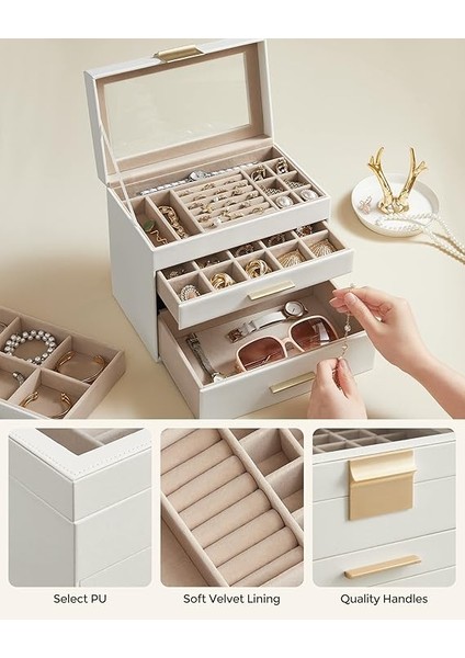 Mücevher Kutusu 4 Katmanlı Mücevher Kutusu Cam Kapaklı 3 Çekmeceli Güneş Gözlüğü Büyük Takı Takı Depolama Modern Bulut Beyaz Altın JBC161W01 modelleri