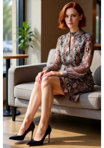 Kadın Şık Gece Animal Desenli Bodycon Mini Elbise Uzun Balon Kollu Choker Yaka Şifon Detaylı