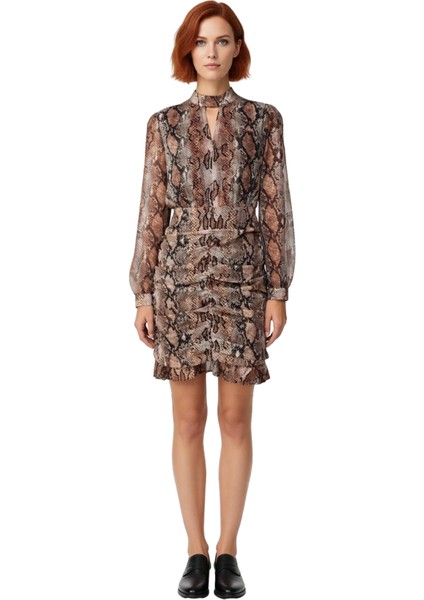 Kadın Şık Gece Animal Desenli Bodycon Mini Elbise Uzun Balon Kollu Choker Yaka Şifon Detaylı fiyatları