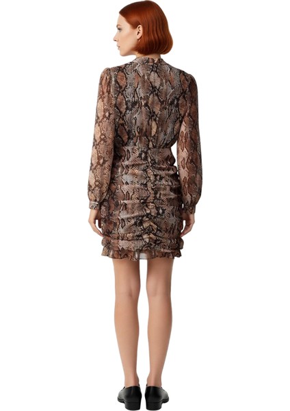 Kadın Şık Gece Animal Desenli Bodycon Mini Elbise Uzun Balon Kollu Choker Yaka Şifon Detaylı modelleri