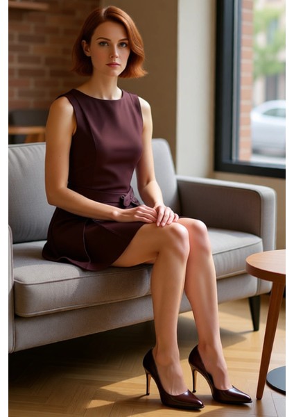 Kadın Skater Kalıp Kayık Yaka Kolsuz Düz Dokuma Mini Elbise Kemeri Pileli Kış Sezonu Zarafeti