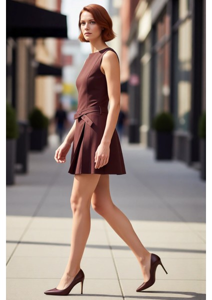 Kadın Skater Kalıp Kayık Yaka Kolsuz Düz Dokuma Mini Elbise Kemeri Pileli Kış Sezonu Zarafeti fırsatları