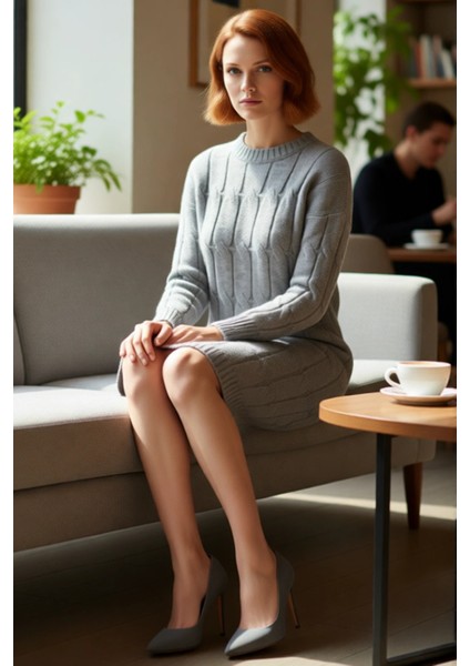 Kadın Saç Örgü Desenli Shift Kalıp Uzun Kol Bisiklet Yaka Mini Triko Elbise Şık ve Konforlu fiyatları