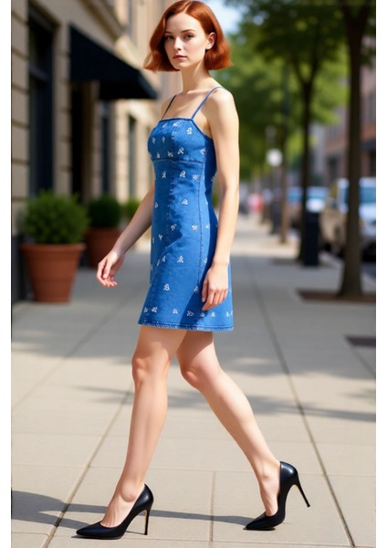 Kadın A Kesim Denim Mini Elbise Fiyonklu Baskılı Kare Yaka Tasarımı ile Şıklığı Yakalayın Kaliteli