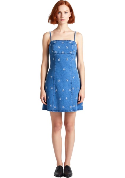 Kadın A Kesim Denim Mini Elbise Fiyonklu Baskılı Kare Yaka Tasarımı ile Şıklığı Yakalayın Kaliteli modelleri