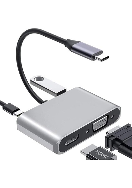 Type-C HDMI VGA USB 3.0 Type 4in1 Video Dönüştürücü Veri Aktarıcı USB Adaptör Notebook ve Macbook ile Uyumlu Gri Tc-26