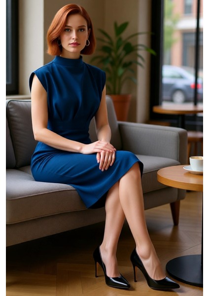 Kadın Bodycon Kesim Dik Yaka Kolsuz Midi Boy Elbise Finike Dokuma Büzgü Detaylı Şık Tasarım fiyatları