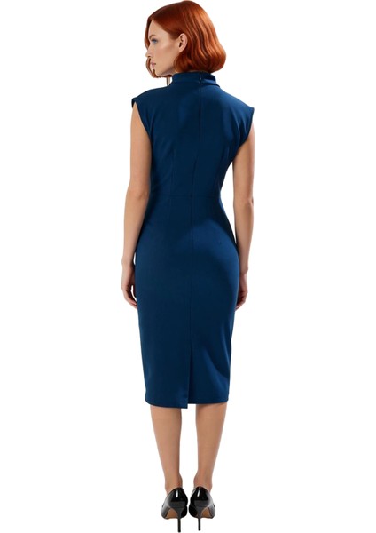 Kadın Bodycon Kesim Dik Yaka Kolsuz Midi Boy Elbise Finike Dokuma Büzgü Detaylı Şık Tasarım fırsatları