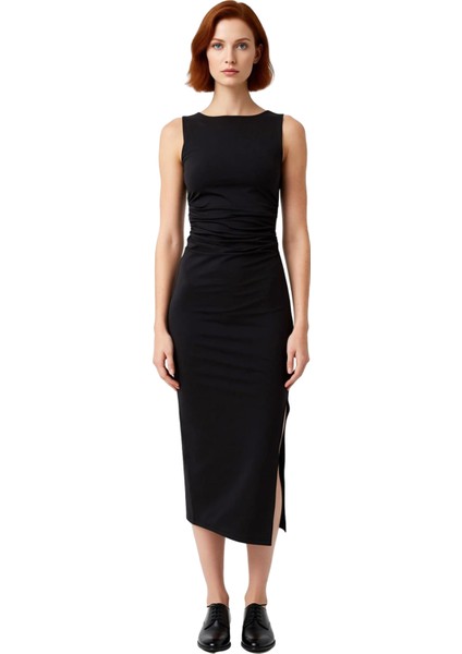 Kadın Casual Midi Boy Elbise Büzgü Detaylı Astarsız Bodycon Kolsuz Esnek Örme Kumaş. Kaliteli fiyatları