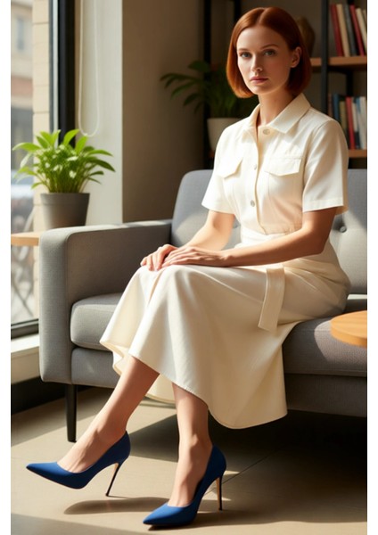 Kadınlar Için Düz Desenli Kısa Kollu Gömlek Yaka Maxi Boy %100 Pamuk Denim Elbise Kaliteli