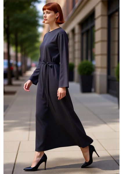 Kadın A Kesim Maxi Uzun Kollu Interlok Örme Kemerli Düz Elbise Ilkbahar Sonbahar Için Şık ve Rahat