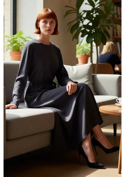 Kadın A Kesim Maxi Uzun Kollu Interlok Örme Kemerli Düz Elbise Ilkbahar Sonbahar Için Şık ve Rahat fiyatları