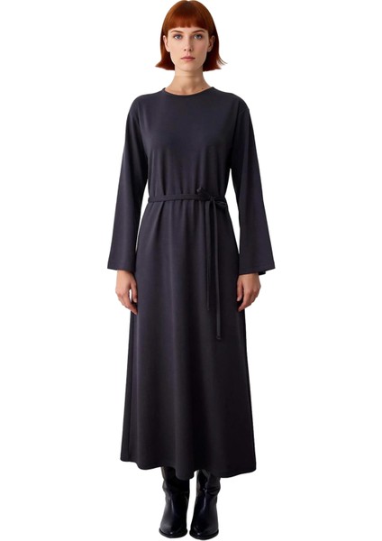 Kadın A Kesim Maxi Uzun Kollu Interlok Örme Kemerli Düz Elbise Ilkbahar Sonbahar Için Şık ve Rahat modelleri