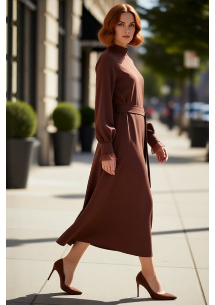 Kadın A Kesim Dik Yaka Balon Kol Kuşak Detaylı Dokuma Maxi Elbise Modern Şık Günlük Stile Uygun