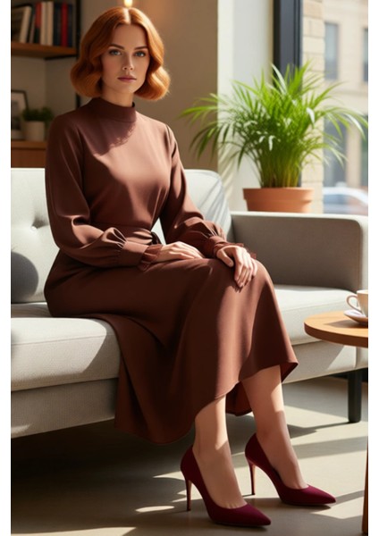 Kadın A Kesim Dik Yaka Balon Kol Kuşak Detaylı Dokuma Maxi Elbise Modern Şık Günlük Stile Uygun fiyatları