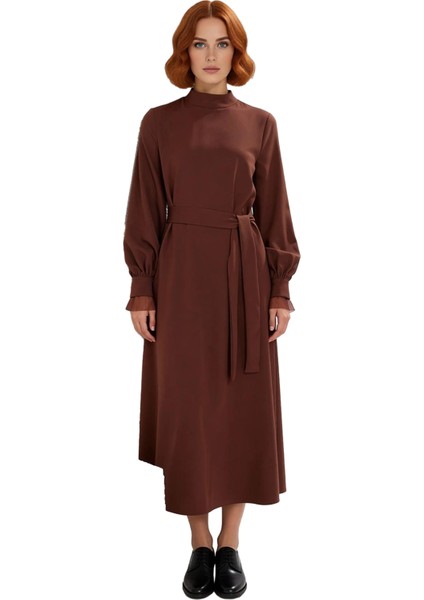 Kadın A Kesim Dik Yaka Balon Kol Kuşak Detaylı Dokuma Maxi Elbise Modern Şık Günlük Stile Uygun modelleri