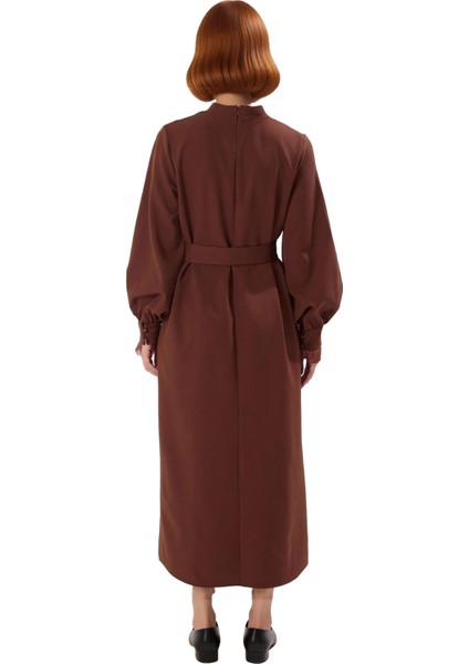 Kadın A Kesim Dik Yaka Balon Kol Kuşak Detaylı Dokuma Maxi Elbise Modern Şık Günlük Stile Uygun fırsatları