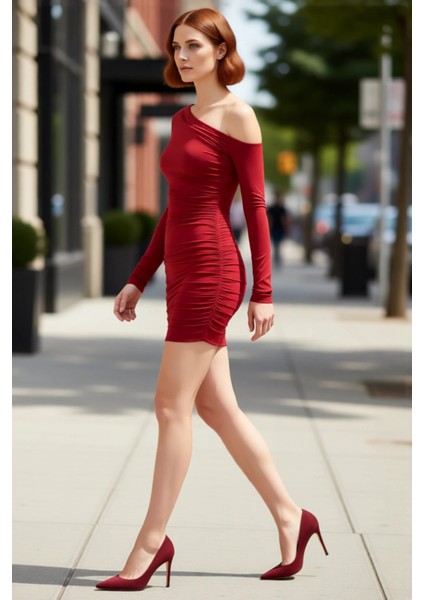 Kadın Kırmızı Bodycon Uzun Kollu Asimetrik Yaka Mini Elbise Şık Gece Kombinleri Için Ideal