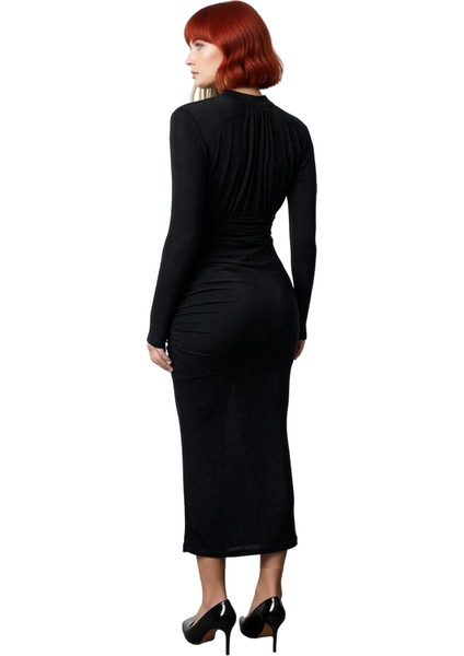 Kadın Zarif Bodycon Kesim Uzun Kollu Dik Yaka Dekolteli Simli Örme Mezuniyet Elbisesi Kış Kaliteli modelleri