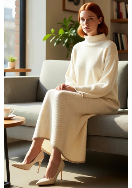 Kadın Düz Desen Dik Yaka Uzun Düşük Kol Maxi Boy Shift Kalıp Akrilik Triko Elbise Günlük Şıklık fiyatları