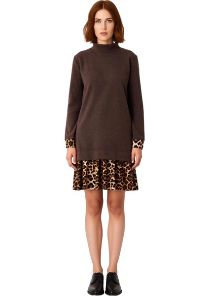 Kadın Feminine Şık Selanik Örme Dik Yaka Uzun Kol Elbise Shift Kalıplı Mini Çiçekli Tasarım fiyatları