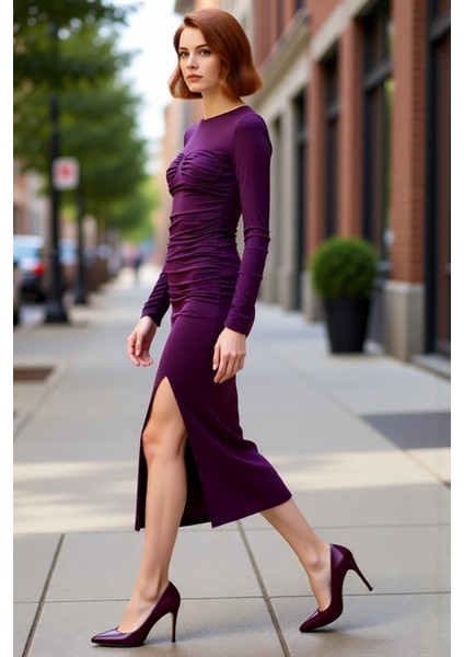 Kadın Bodycon Kalıp Uzun Kollu Midi Boy Düz Bisiklet Yaka Elbise Şık Gece Kombinleri Için Kışa Özel