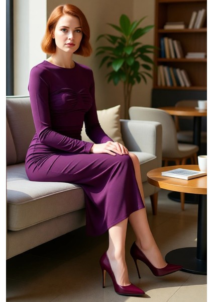 Kadın Bodycon Kalıp Uzun Kollu Midi Boy Düz Bisiklet Yaka Elbise Şık Gece Kombinleri Için Kışa Özel fiyatları