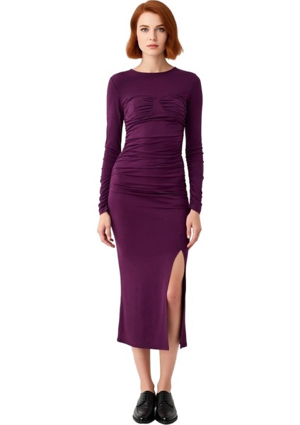 Kadın Bodycon Kalıp Uzun Kollu Midi Boy Düz Bisiklet Yaka Elbise Şık Gece Kombinleri Için Kışa Özel modelleri