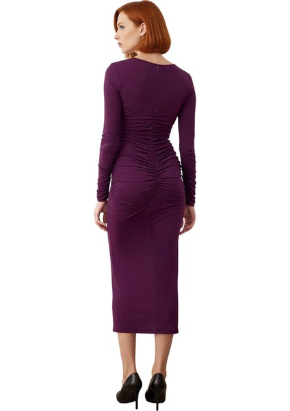 Kadın Bodycon Kalıp Uzun Kollu Midi Boy Düz Bisiklet Yaka Elbise Şık Gece Kombinleri Için Kışa Özel fırsatları