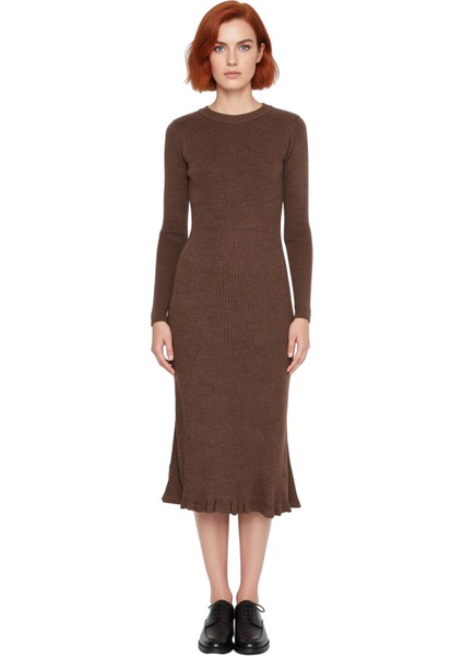 Kadınlar Için Akrilik Triko Midi Elbise Bisiklet Yaka Uzun Kollu Düz Desen Günlük Şık Tasarım modelleri