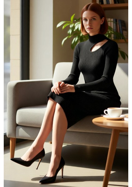 Kadın Bodycon Kesim Midi Uzun Kollu Triko Elbise Dik Yaka Cut Out Detaylı Şık Fitilli Tasarım fiyatları