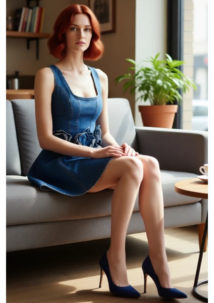 Kadın %100 Pamuk Rigid Dokuma Kare Yaka Kolsuz A Line Mini Denim Elbise Modern Yazlık Kombin