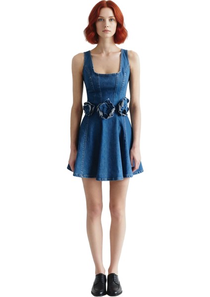 Kadın %100 Pamuk Rigid Dokuma Kare Yaka Kolsuz A Line Mini Denim Elbise Modern Yazlık Kombin fiyatları