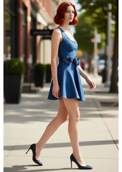 Kadın %100 Pamuk Rigid Dokuma Kare Yaka Kolsuz A Line Mini Denim Elbise Modern Yazlık Kombin fırsatları