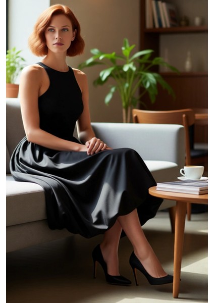 Kadın Siyah Kolsuz Halter Yaka Midi Boy Balon Etekli Şık Poplin Abiye Özel Gün Elbisesi Kaliteli fiyatları