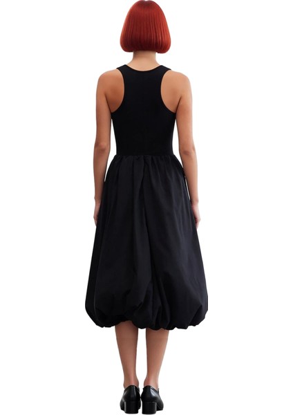 Kadın Siyah Kolsuz Halter Yaka Midi Boy Balon Etekli Şık Poplin Abiye Özel Gün Elbisesi Kaliteli fırsatları