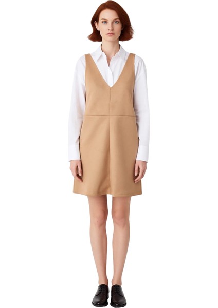 Kadın Bej Bodycon Kalıp V Yaka Jile Süet Mini Elbise Kışlık Şık ve Konforlu Tasarım Kaliteli modelleri