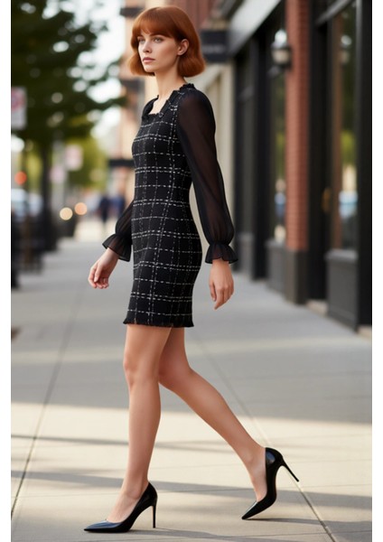 Kadın Ekose Kare Yaka A Kesim Mini Dokuma Elbise Tüvit Kumaş Gündüz Gece Şıklığıyla Kışlık Stil