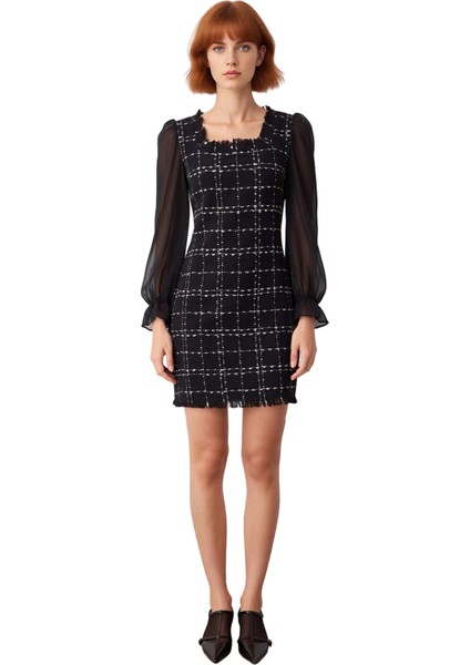 Kadın Ekose Kare Yaka A Kesim Mini Dokuma Elbise Tüvit Kumaş Gündüz Gece Şıklığıyla Kışlık Stil modelleri