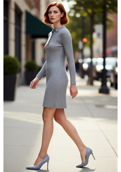 Kadın Fitilli Polo Yaka Bodycon Uzun Kollu Triko Mini Elbise Günlük Tarzınıza Konfor Katar