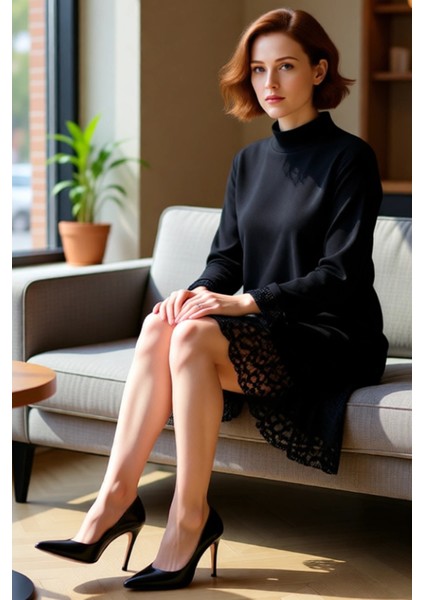 Kadın Shift Kalıp Dik Yaka Uzun Kollu Mini Dantel Detaylı Örme Elbise Modern Şık Kışlık Giyim fiyatları