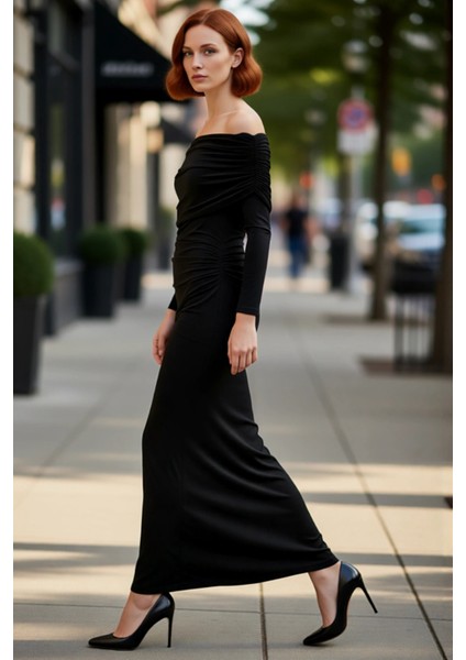 Kadın Bodycon Kahverengi Uzun Kol Carmen Yaka Maxi Elbise Şık Akşam Davetleri Için Ideal Kaliteli