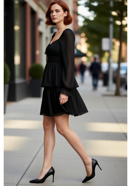 Kadın Çiçek Desenli Kalp Yaka Balon Kol Şifon Mini Elbise Ilkbahar Yaz Şıklığı Için Ideal.