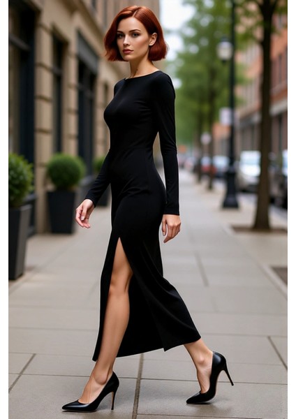 Kadınlar Için Kayık Yaka Uzun Kollu Maxi Boy Sırt Dekolteli Şık Bodycon Örme Elbise Kaliteli