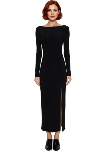 Kadınlar Için Kayık Yaka Uzun Kollu Maxi Boy Sırt Dekolteli Şık Bodycon Örme Elbise Kaliteli modelleri