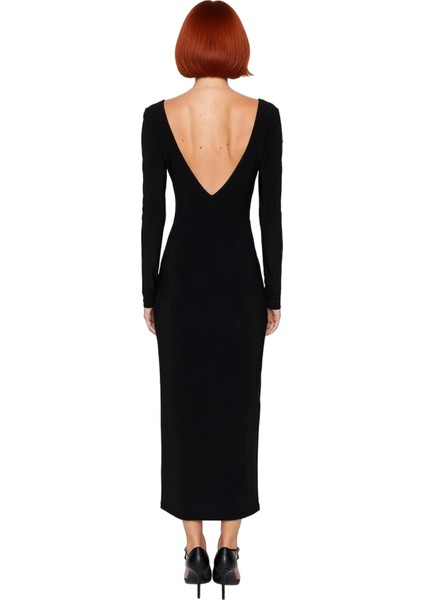 Kadınlar Için Kayık Yaka Uzun Kollu Maxi Boy Sırt Dekolteli Şık Bodycon Örme Elbise Kaliteli fırsatları