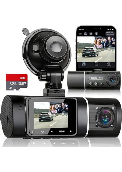 Dashcam Araba 4K Wifi Dash Cam Ön Iç 32GB Sd Kart, 310° Geniş Açı Görünümü, Park Izleme, Hareket Algılama, Kızılötesi Gece Görüş, G-Sensor, Döngü Kaydı, Hdr, Pil ile Araç Kamerası